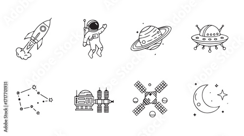 Whimsical hand drawn space icons collection featuring astronaut rocket and moon for creative projects silhouette