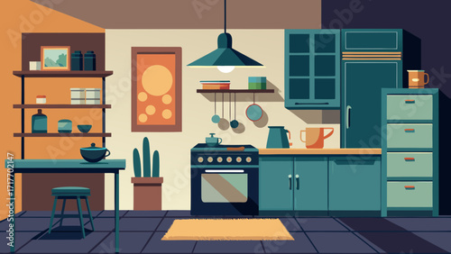 Illustration of a stylish kitchen interior with modern cabinets, appliances, and decor, creating a functional and aesthetically pleasing cooking space