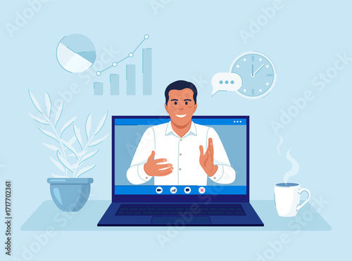 Video conference. Online training webinar, lecture. Man on computer screen taking with colleague. Web seminar, interactive meeting