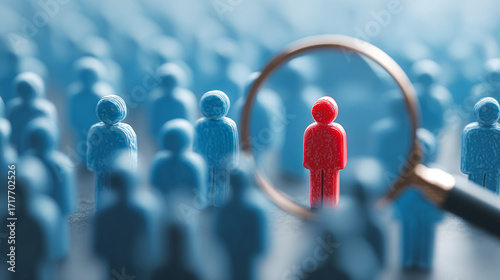 Magnifying glass focusing on single red figure among many blue, concept of recruitment and standout talent.