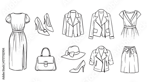 Fashionable collection of women's clothing accessories and footwear sketches for design inspiration silhouette