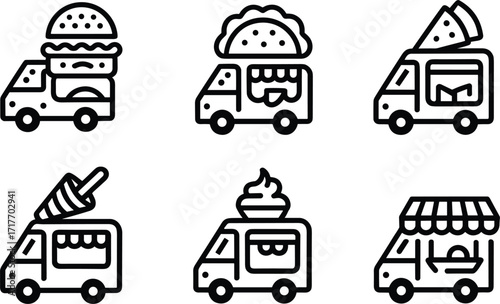 Six Different Food Truck Icons With Various Food Items burger taco