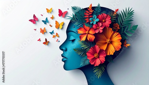 Surreal Head Silhouette with Tropical Flowers on White Background