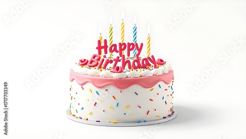 3D rendered birthday cake with festive decorations, isolated on a clean white background.