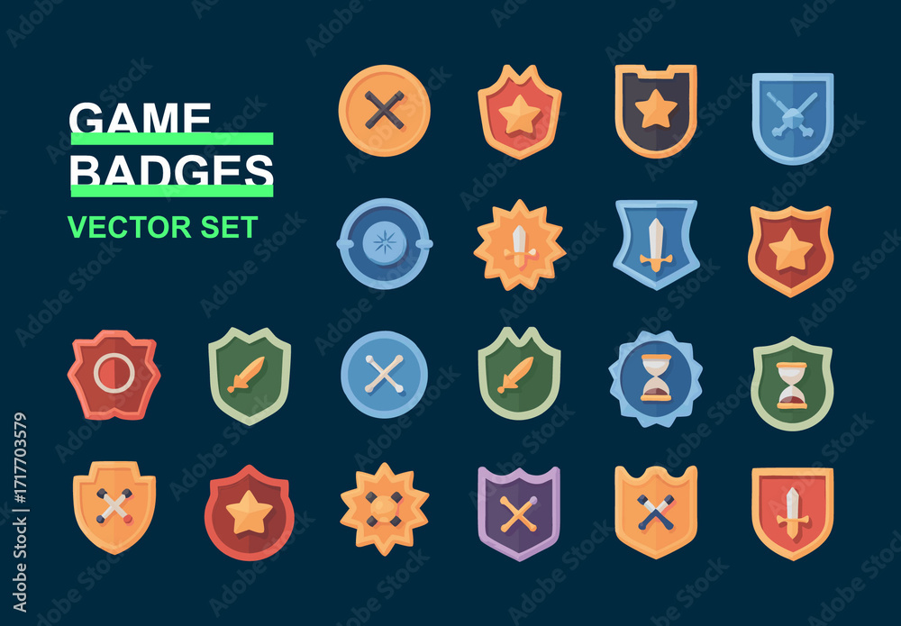 Fantasy Game Badges Vector Set Shields, Stars, Swords Stock Template ...