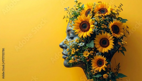 Creative Head Silhouette with Sunflowers on Yellow Background