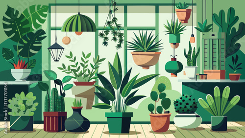 Vector art of a lush indoor garden with various potted plants creates a calming and refreshing atmosphere, bringing nature indoors with a green aesthetic