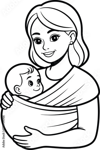 Happy mother holding her baby securely in a sling or wrap with a gentle smile
