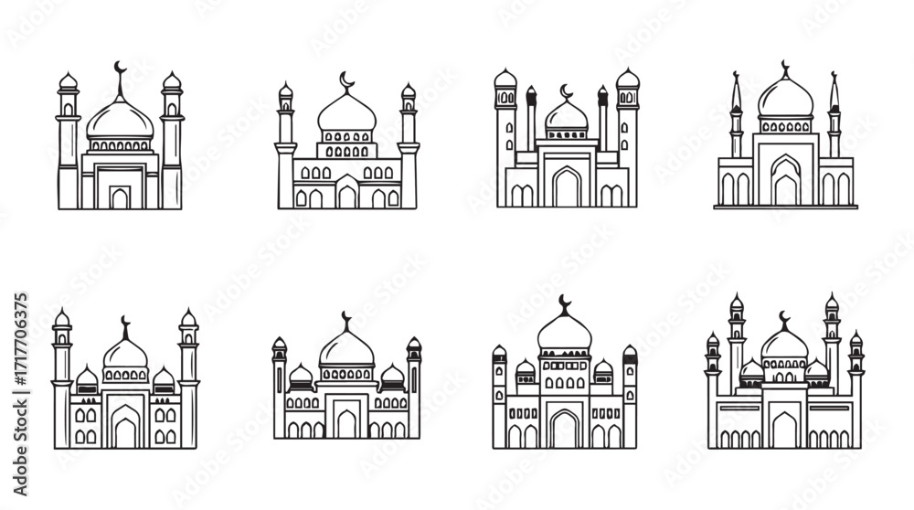 Obraz premium Collection of hand drawn mosque icons stylized architectural mosques for islamic celebrations and designs silhouette