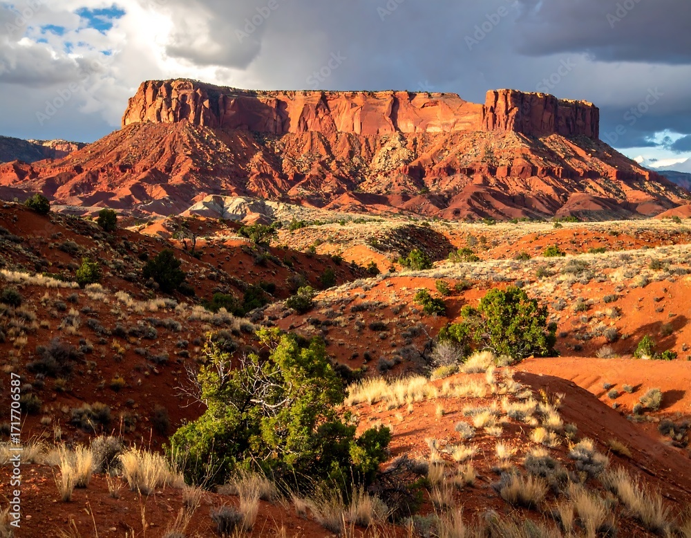 Naklejka premium Red rock landscape under a dramatic sky