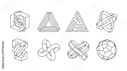 Abstract geometric shapes and forms hand drawn sketch style collection isometric views silhouette