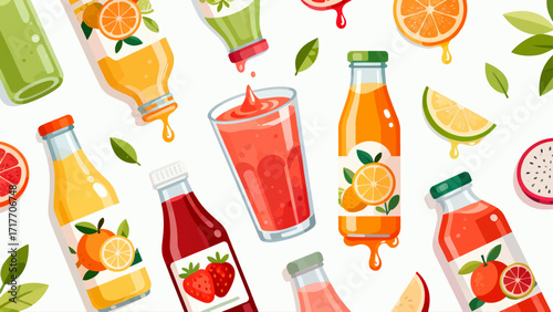 Freshly squeezed juice drinks, hand-drawn vector illustrations