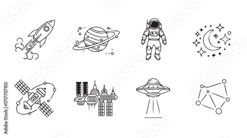 Collection of cosmic space icons and symbols hand drawn sketch style elements silhouette