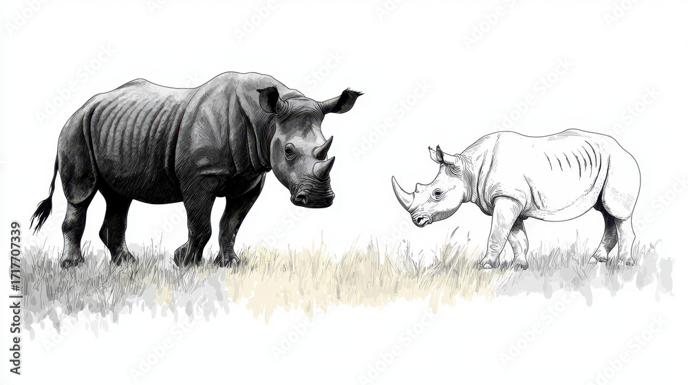 Fototapeta premium Detailed illustration of two rhinoceroses, one adult and one juvenile, standing grassy area. adult rhino is depicted realistic style