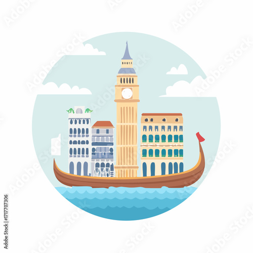 Illustration of a gondola with buildings, a clock tower, and clouds against a soft blue backdrop