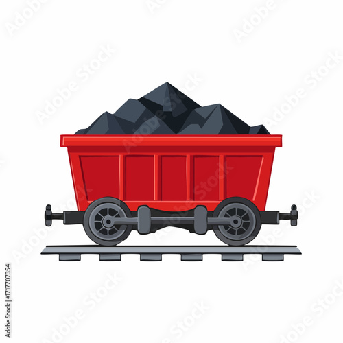 Red industrial mining cart loaded with black coal on railroad tracks vector illustration for energy transport