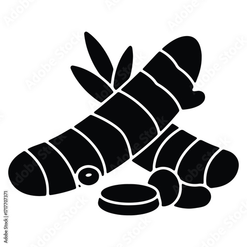 Black and White Turmeric Root and Slices Vector Illustration