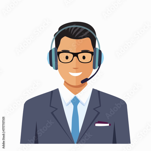 Professional man wearing glasses and headset with microphone smiling for customer support