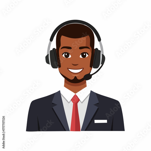 Smiling African American Support Agent Wearing Headset with Microphone in a Suit for Customer Service Representation