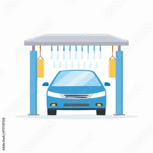 Blue car undergoing cleaning at an automated car wash station with water spraying