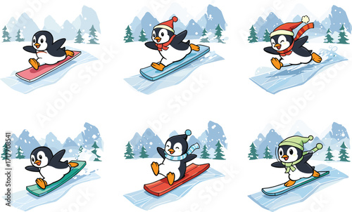 Cute penguin snowboarding illustration, winter holiday cartoon, adorable animal skiing, funny penguin character outdoor sport, festive snow activity adventure