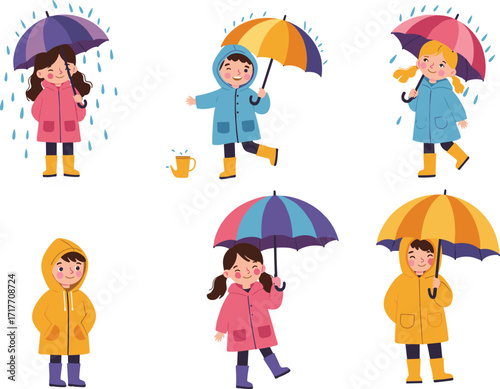 Happy children holding umbrellas, kids in colorful raincoats enjoying rainy weather, cartoon illustration, outdoor fun, wet season, vector design art