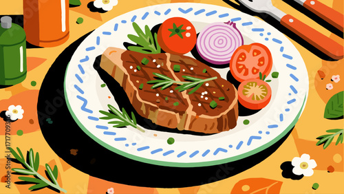Grilled steak delicacies, hand-drawn vector illustrations