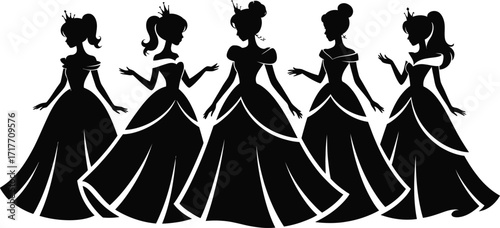 Silhouette of five elegant princesses in formal gowns and crowns vector