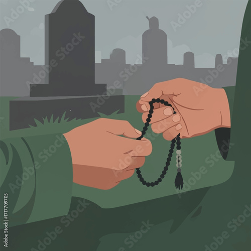 A person's hands holding prayer beads in a cemetery near a tombstone.
