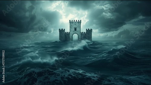 Majestic Stone Fortress Embraces Turbulent Ocean Waves Under Dramatic Sky