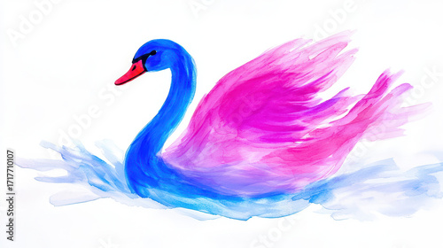 Fototapeta Naklejka Na Ścianę i Meble -  Vibrant watercolor painting of swan with pink and blue feathers gracefully gliding through water, evoking sense of tranquility and beauty