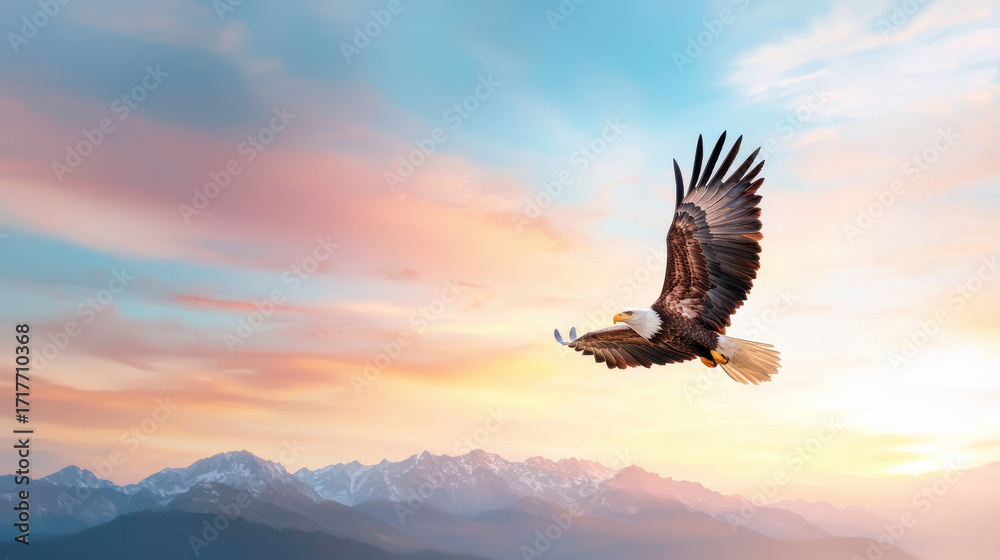 Obraz premium Majestic eagle soaring through colorful sky at sunset, with mountains in background, symbolizing freedom and strength