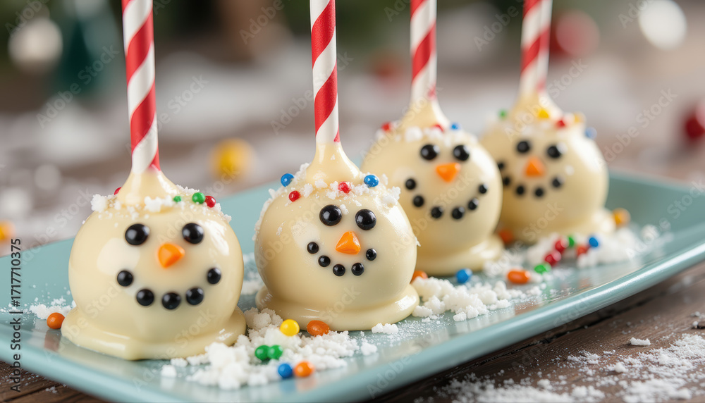Fototapeta premium Snowman cake pops macro shot, white chocolate, winter celebration -