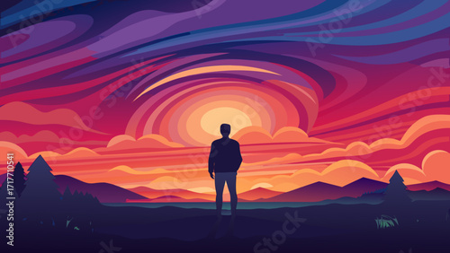 Vector art of a lone figure stands silhouetted against a vibrant sunset, gazing at the horizon, with mountains and trees in the distance, under a colorful sky