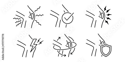 Minimalist line art knee joint icons showing various conditions isolated on white background