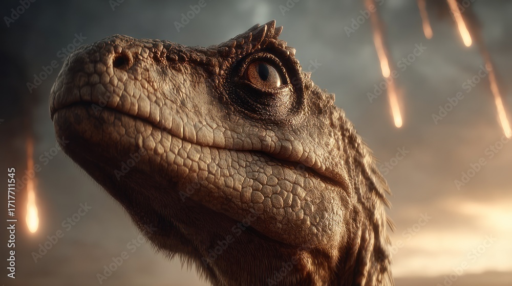 Fototapeta premium A dinosaur stares intently at the falling meteors in the darkening sky during twilight