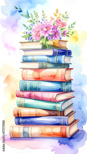 Stack of colorful books with flowers
