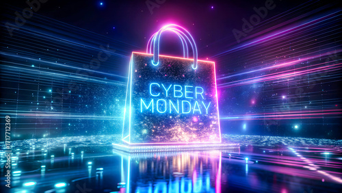 Cyber Monday shopping bag glows with neon lights amidst futuristic digital background