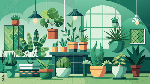 Vector art of a cozy indoor garden scene with various potted plants, hanging lamps, and a window, creating a serene and refreshing atmosphere in green tones