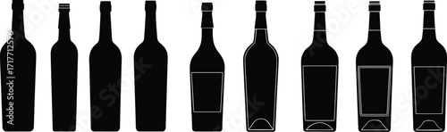 Wine and liquor bottle silhouette vector collection, black glass bottle icons for bar, restaurant, packaging design, beverage branding, and party decoration