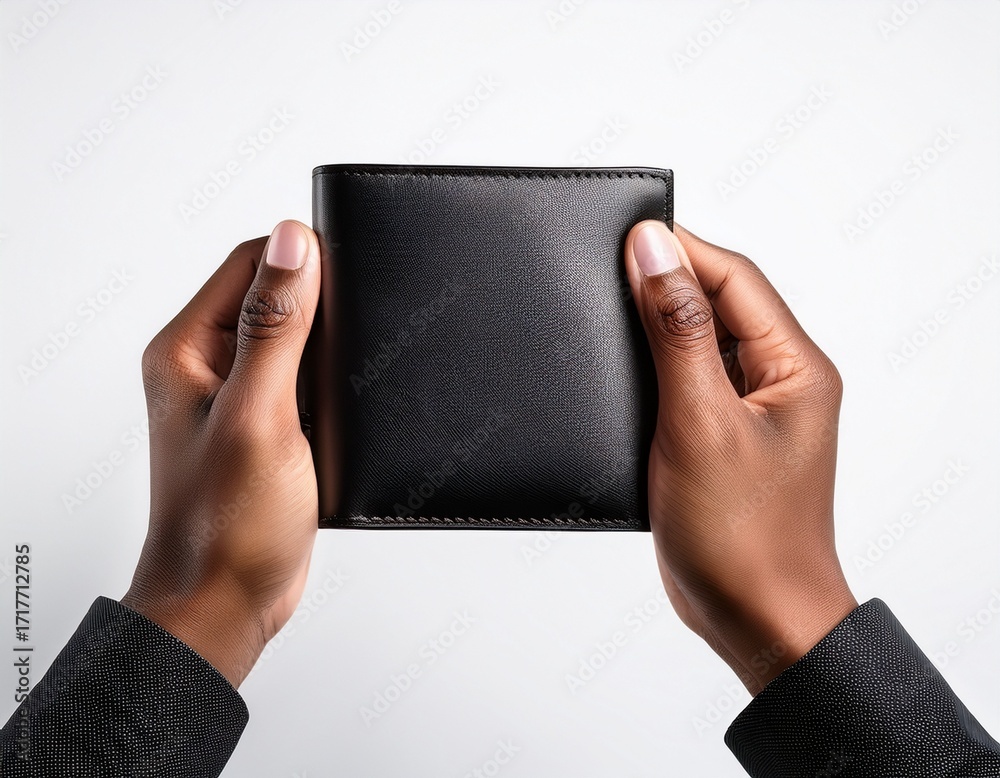 Obraz premium hands holding an empty black leather wallet against a white background