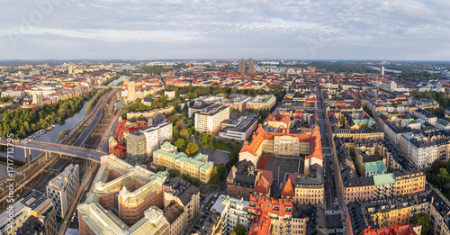 Canvas Print Stockholm, Vasastan and Norrmalm from above in early autumn, colorful scandinavian buildings