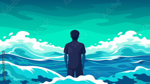 Vector art of a lone man stands in the ocean, facing the horizon, surrounded by stylized waves and a vibrant sky, evoking a sense of contemplation and vastness