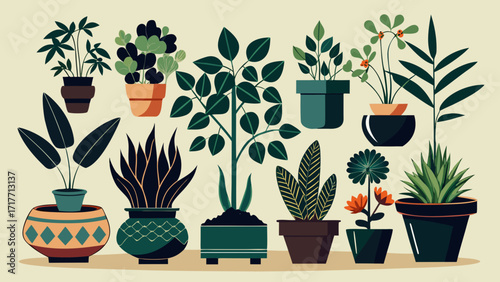 Vector art of collection of various potted houseplants in a flat vector style, showcasing a variety of shapes, sizes, and colors against a light background