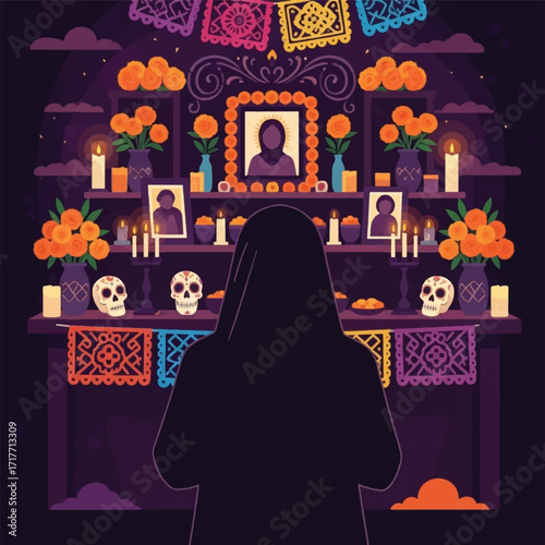 Day of the Dead altar with offerings and a person in silhouette.
