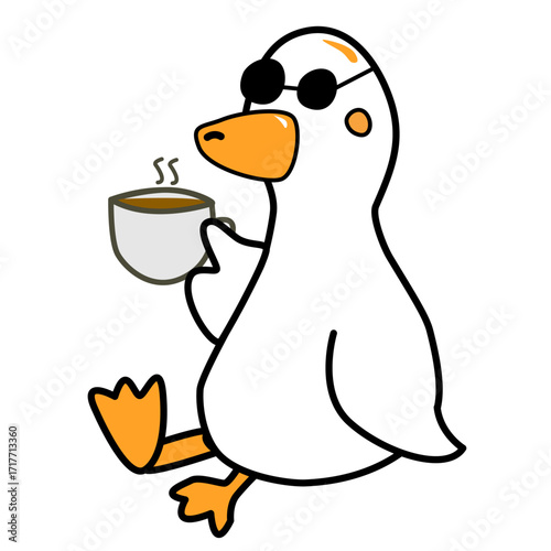 Cartoon Duck Wearing Sunglasses is drinking coffee.Vector illustration
