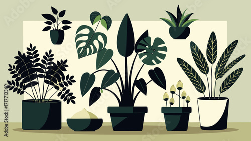 Vector art of a harmonious collection of potted plants, each with its unique foliage, arranged against a soft backdrop, creating a serene indoor botanical scene