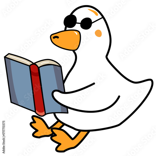 Cartoon Duck Reading Book with Sunglasses. Vector illustration