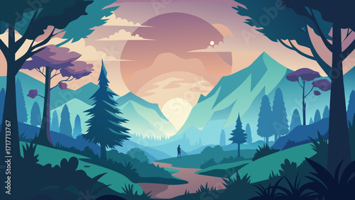 Vector art of an idyllic landscape featuring a solitary figure walking towards a mountain range under a pastel sky, framed by lush trees and a winding river