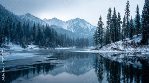 Snowy mountain lake with pine trees and reflections in winter
